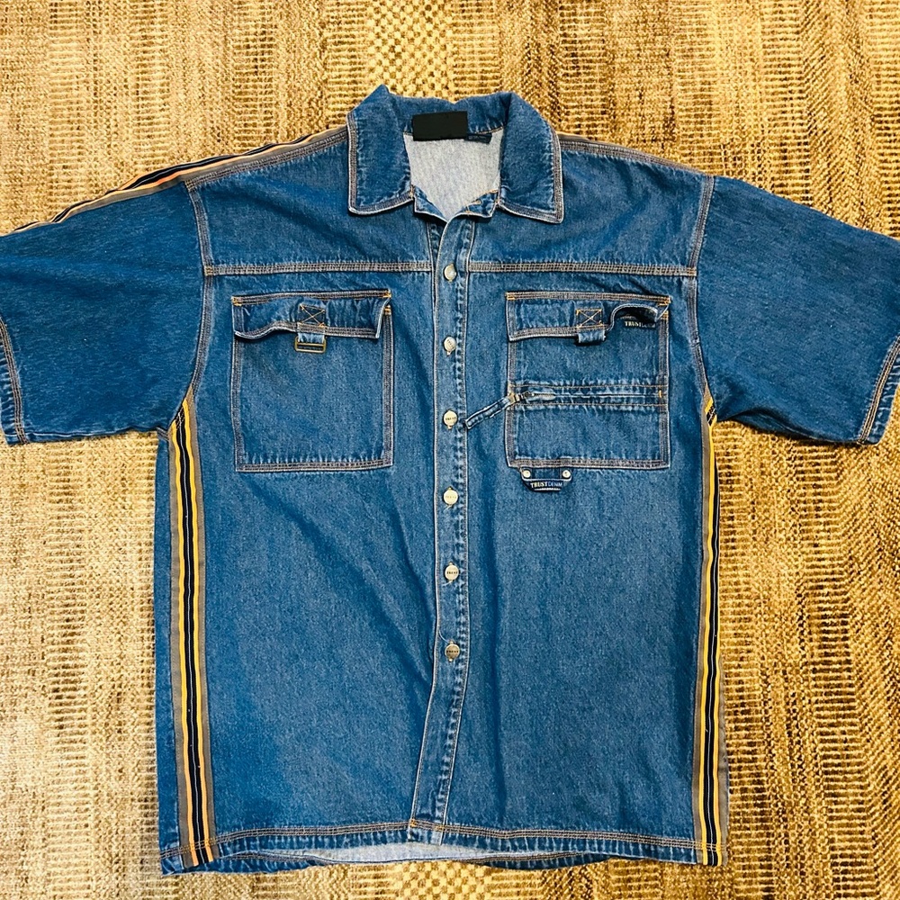 TRUST Denim 80s 90s Grunge Rockabilly Utility Cargo Button Shirt Vintage Size XL